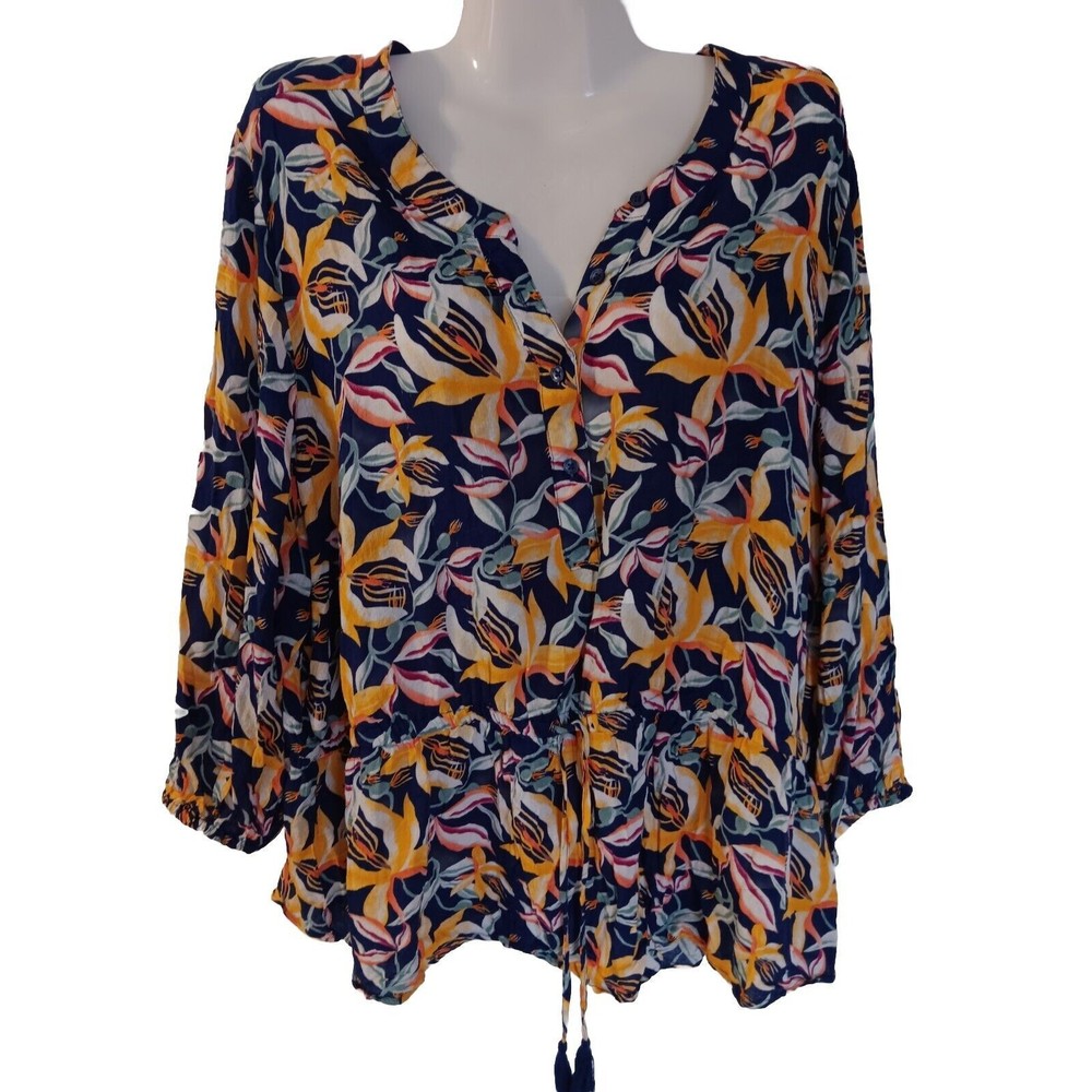 Falls Creek Navy Floral Peasant Blouse with Yellow & Pink Accents